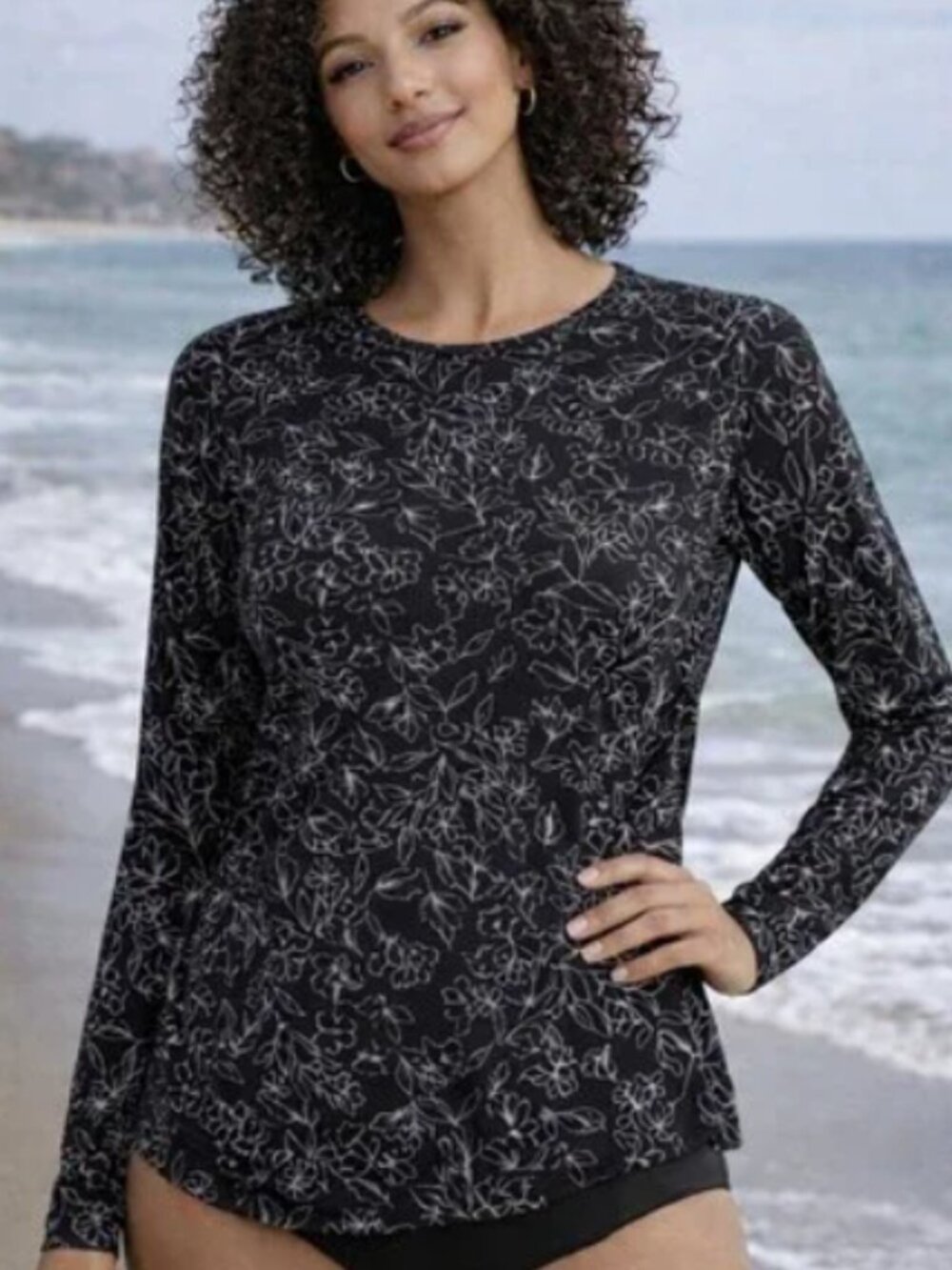 Hang Ten Women's UV Protection‎ Black Gray Floral Rashguard Size XXL